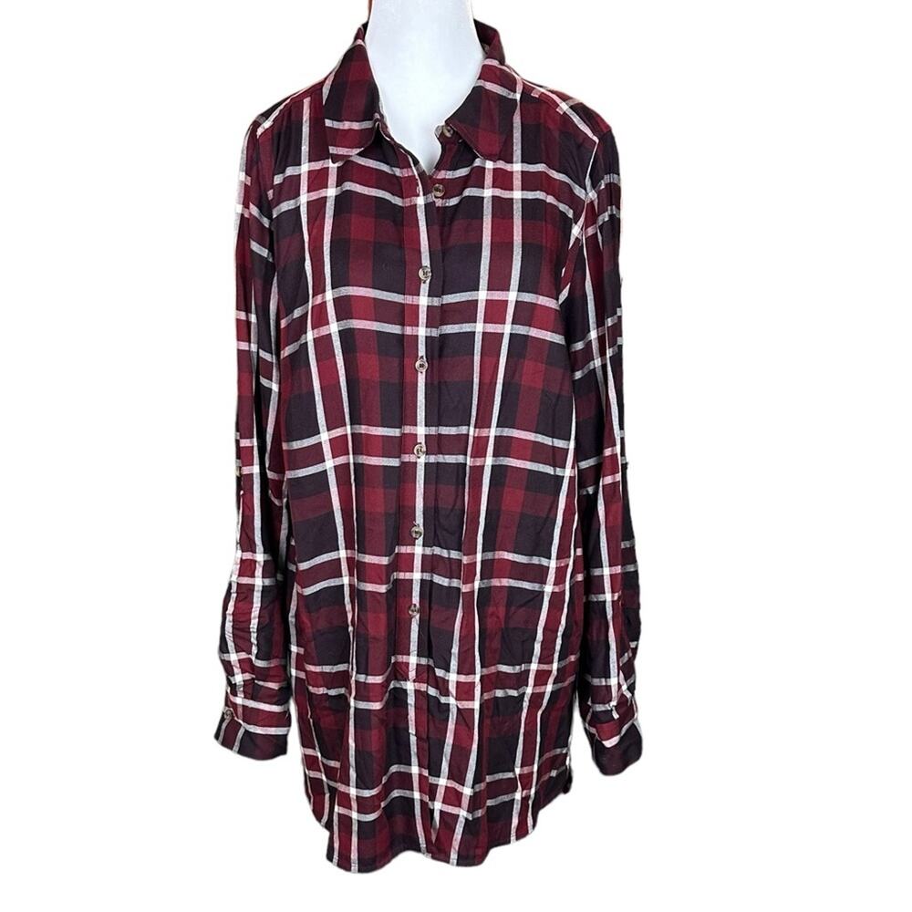 Lane Bryant Plaid Split Neck Tunic Top Red Black Size 14/16W